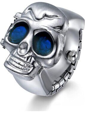 Unisex Silver And Blue Analog Punk Skull Flip-Open Adjustable Finger Ring Watch